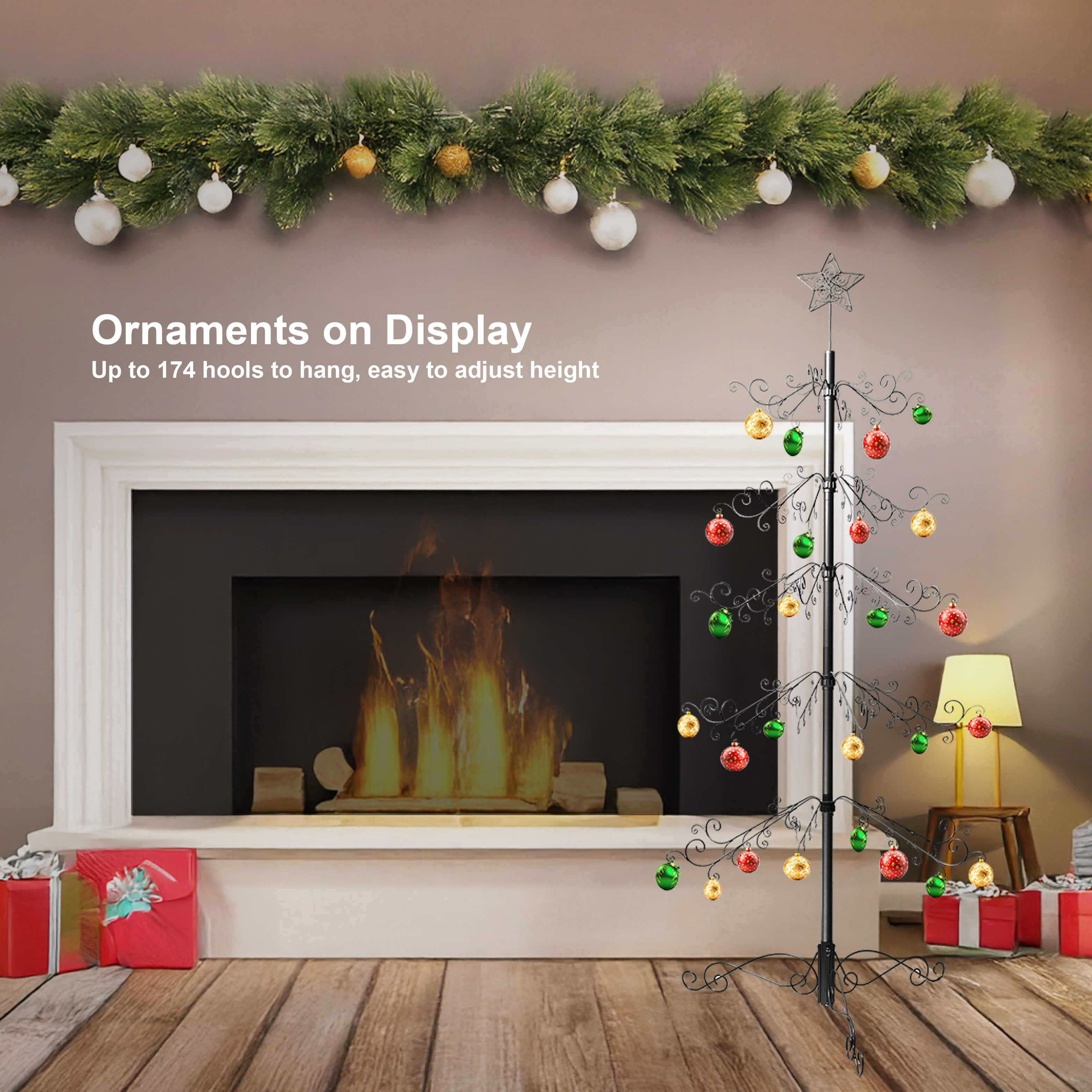 HOHIYA 6.5 Feet Wrought Iron Christmas Tree Alternative Metal Ornament Display Stand with 174 Hooks Extra Large Floor Standing ECO Xmas Tree for Keepsake Collections Black